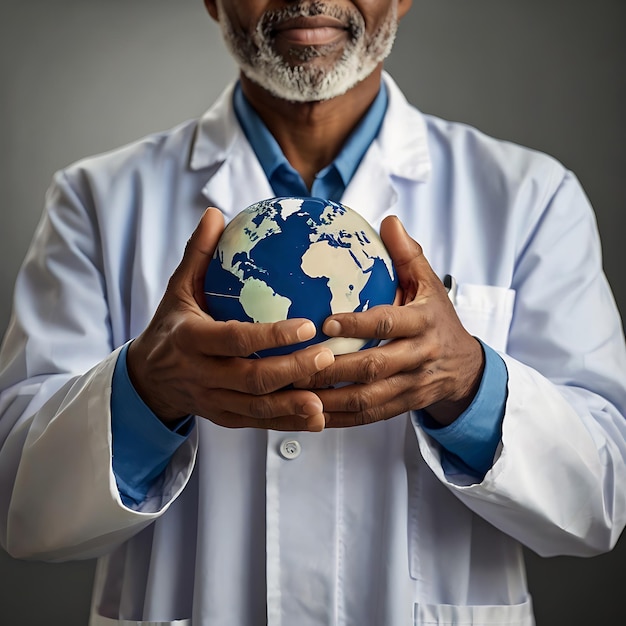 Photo hands hold earth ball in heart shape on doctor hands for world health day