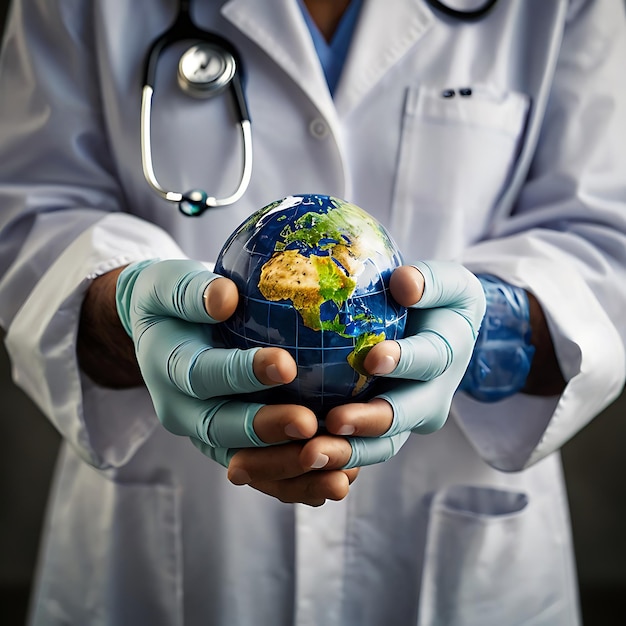 Hands hold Earth ball in heart shape on Doctor hands for World Health Day