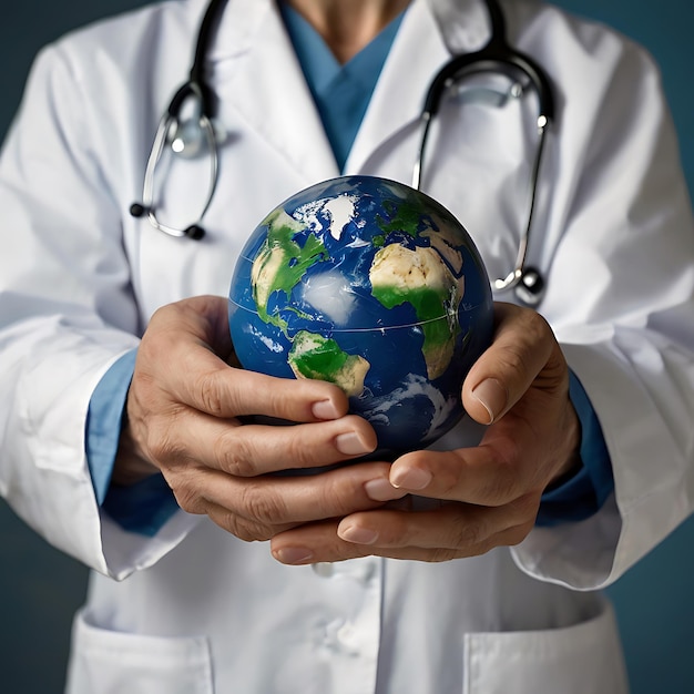 Hands hold Earth ball in heart shape on Doctor hands for World Health Day