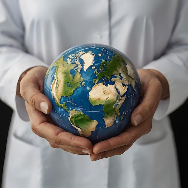 Hands hold Earth ball in heart shape on Doctor hands for World Health Day