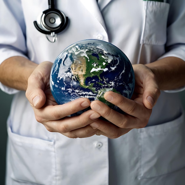 Hands hold Earth ball in heart shape on Doctor hands for World Health Day