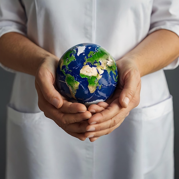 Hands hold Earth ball in heart shape on Doctor hands for World Health Day