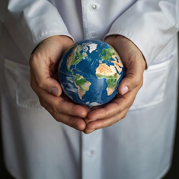 Photo hands hold earth ball in heart shape on doctor hands for world health day