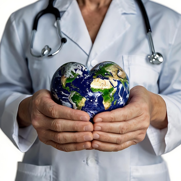 Hands hold Earth ball in heart shape on Doctor hands for World Health Day