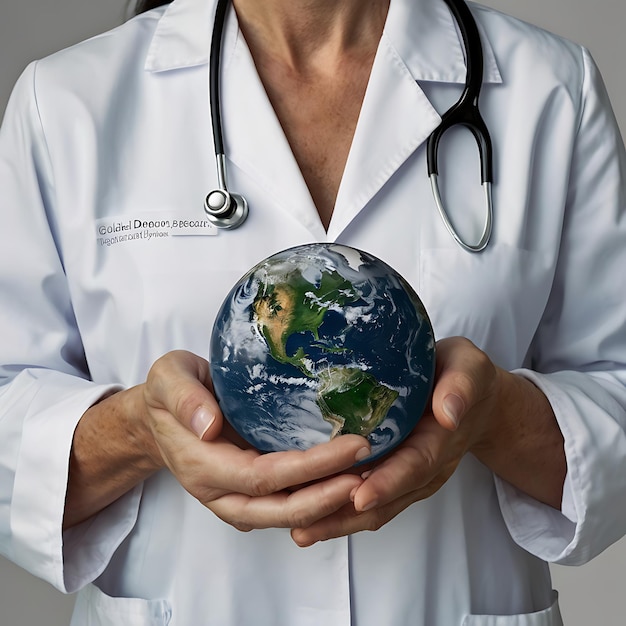 Photo hands hold earth ball in heart shape on doctor hands for world health day