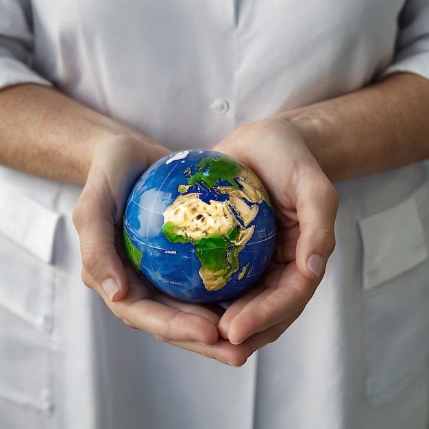 Photo hands hold earth ball in heart shape on doctor hands for world health day