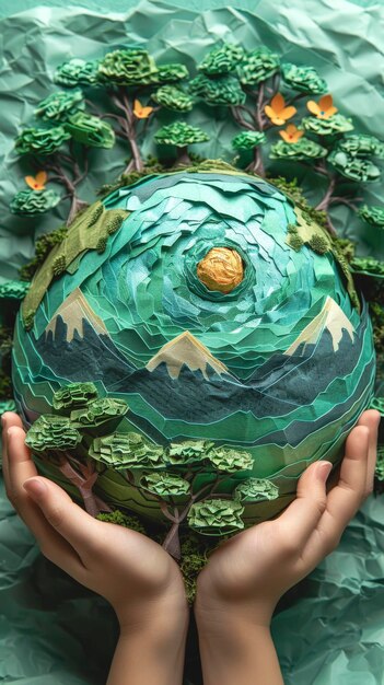 Hands hold a globe made of paper planet earth