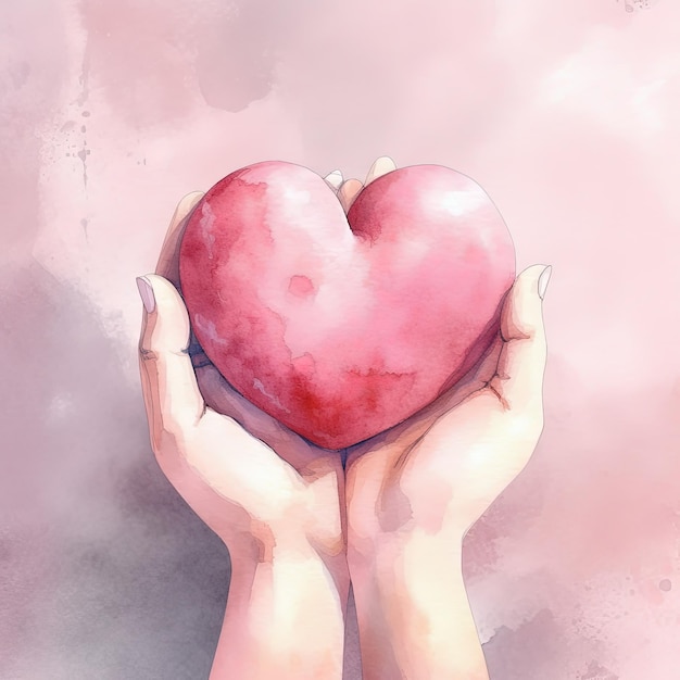 Hands hold heart watercolor Illustration AI Generative