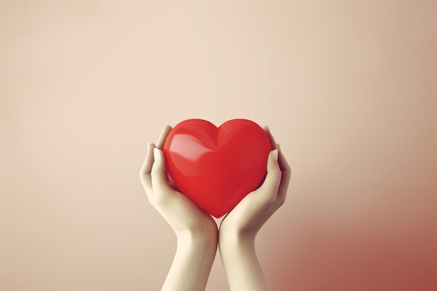 A hands hold a red heart in front of a pink background