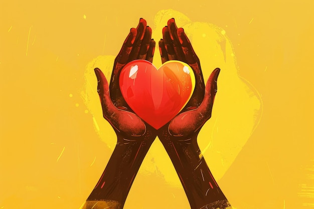 hands hold a red heart on a yellow background ai generative