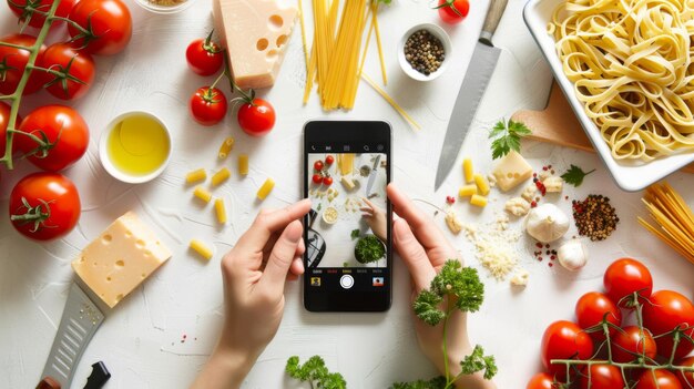 Photo hands hold a smartphone taking a photo of a pasta dish surrounded by ingredients on a kitchen table