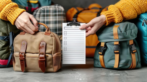 Hands hold a travel checklist against a background of packed bags making sure nothing is forgotte