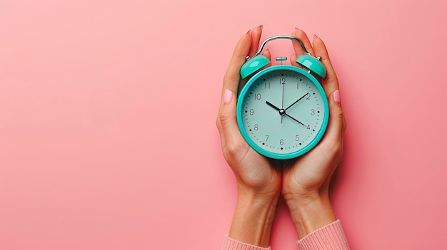 Photo hands hold a vibrant turquoise alarm clock against a soft pink background emphasizing time manageme