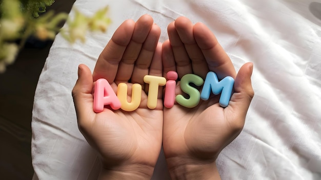 Photo hands holding autism colorful plastic letters in support