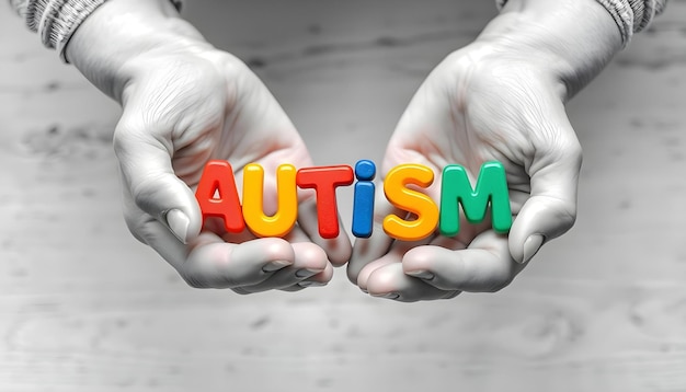 Photo hands holding autism colorful plastic letters in support