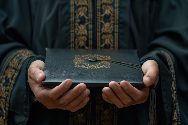 Hands Holding a Book with Gold Embellishments