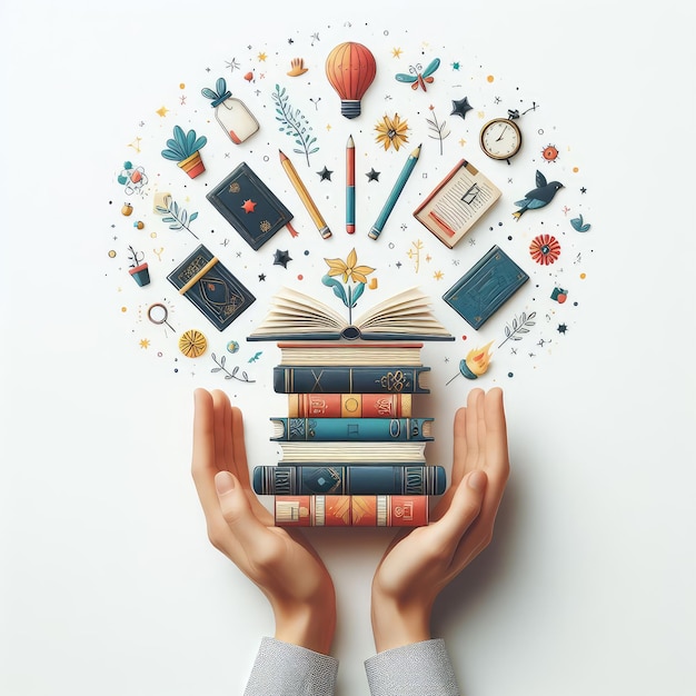 Hands holding books isolated on a white background