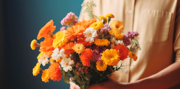 Hands holding a bouquet of flowers against a dark backdrop Can be used for greeting cards floral shops advertisements or celebrations Concept of celebration and appreciation