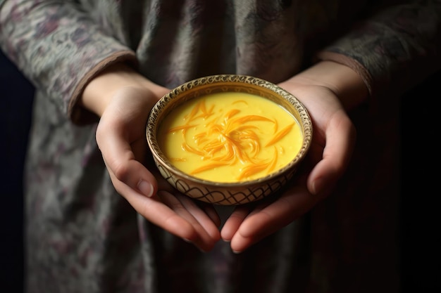 Hands Holding Bowl Of Creamy Saffroninfused Dessert Generative AI