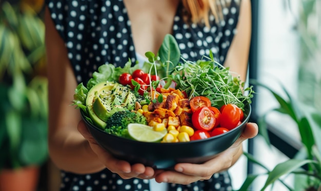 Hands holding a bowl of multicolored vegetarian salad