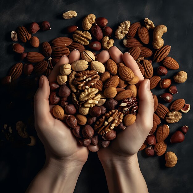 Hands holding a bowl of nuts on a dark background top view