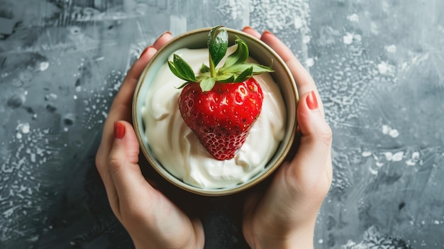 Hands holding bowl with yogurt and fresh strawberry on top