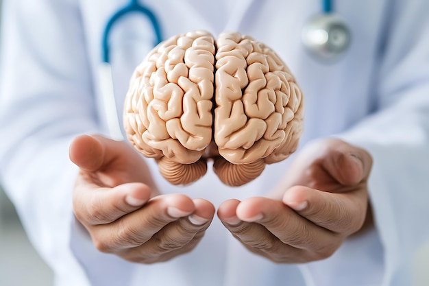 Photo hands holding brain model soft focus