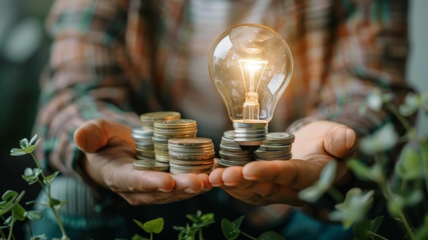 Hands holding a bright light bulb and coins symbolizing innovative ideas and energy savings