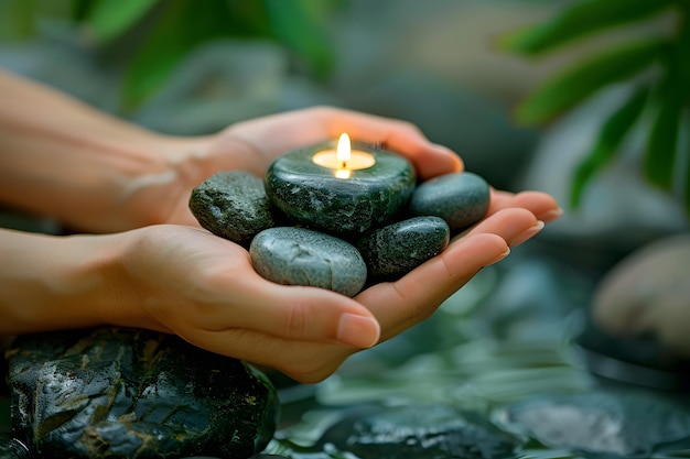 Hands Holding a Candle and Stones