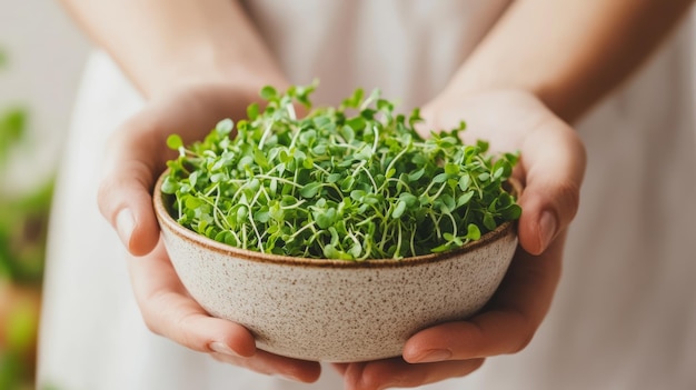 Hands holding a ceramic bowl filled with fresh microgreens Symbol of healthy eating sustainable living and organic gardening