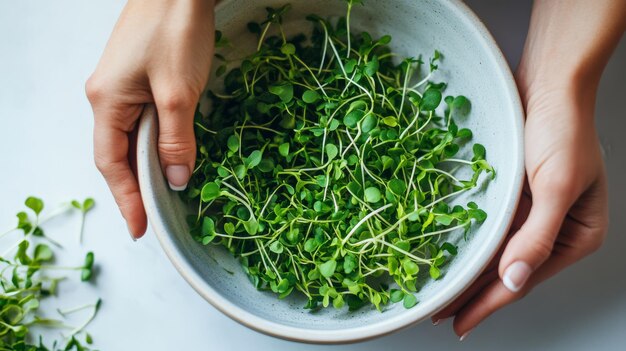 Hands holding a ceramic bowl filled with fresh microgreens on a white background Concept of healthy eating indoor gardening and sustainable lifestyle