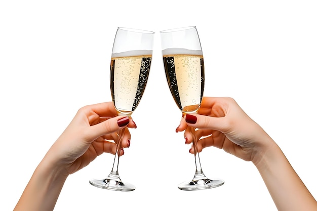 Hands Holding Champagne Glasses Clinking in on White Background