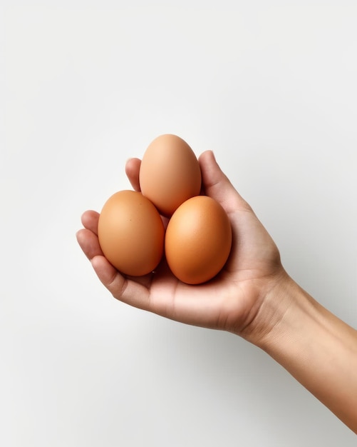 Hands holding chicken eggs isolated on white background