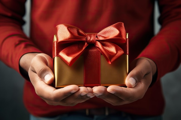 Hands holding a christmas present to camera happy holidays concept santa claus coming