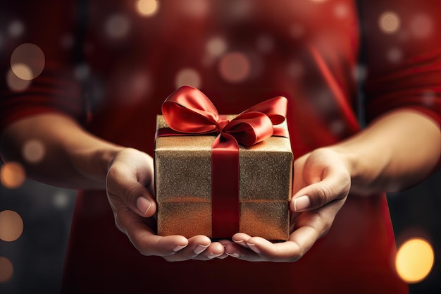 Hands holding a christmas present to camera happy holidays concept santa claus coming