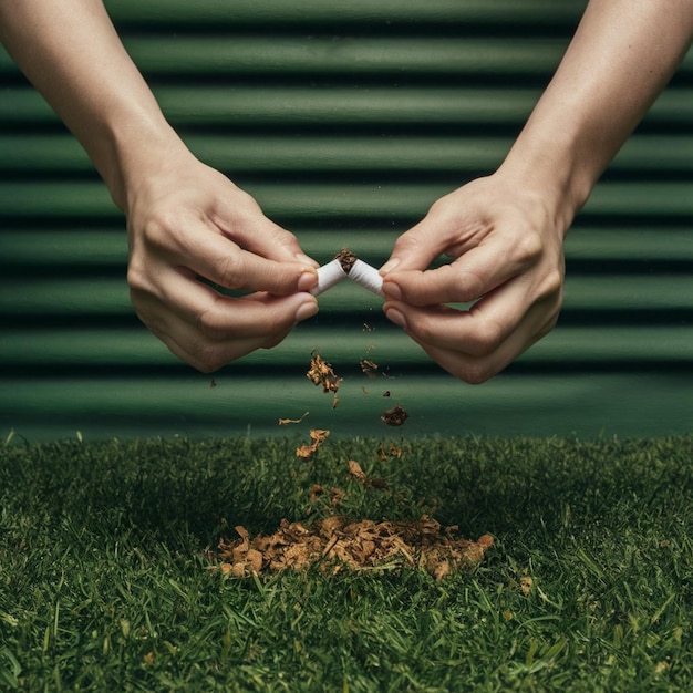 hands holding a cigarette and a leaf on the grass