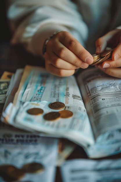 Hands holding a coin and a wallet with utility bills underneath reflecting financial management challenges