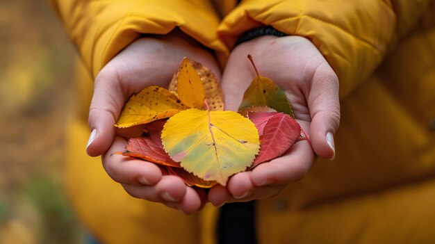 Photo hands holding colorful autumn leaves embracing the vibrant beauty of fall