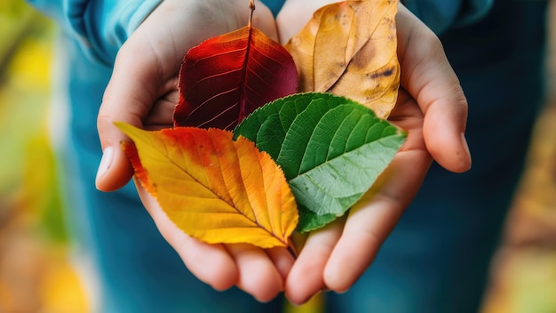 Photo hands holding colorful autumn leaves on green grass background