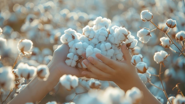 Hands Holding Cotton Blossoms in a Field