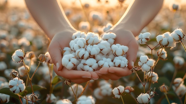 Photo hands holding cotton bolls in a field at sunset