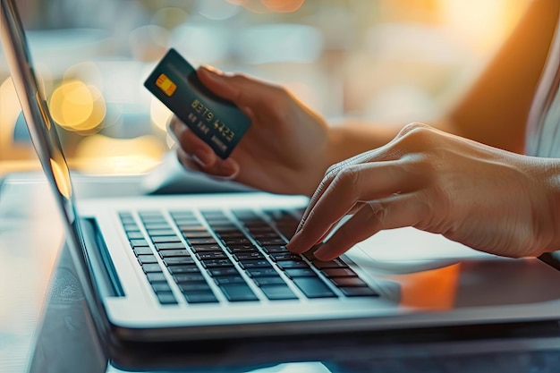 Hands Holding a Credit Card and Using a Laptop for Online Shopping