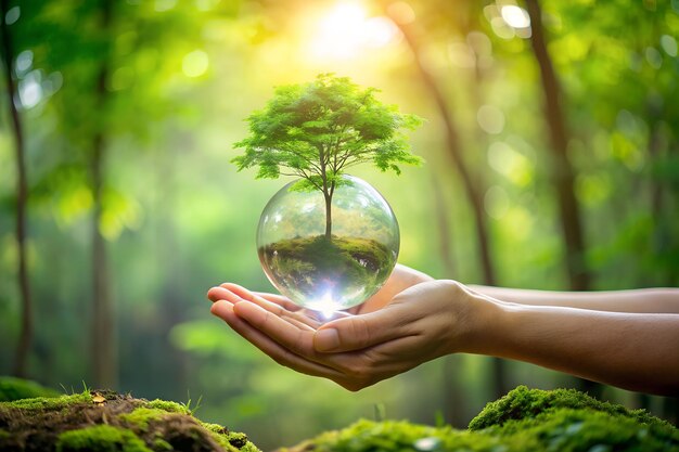 Hands holding crystal glass globe and growing tree in green forest