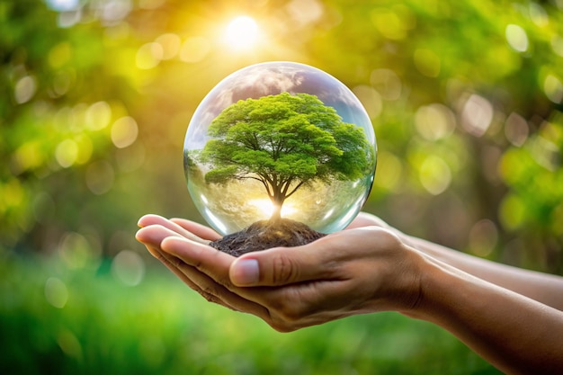 Hands holding crystal glass globe and growing tree in green forest