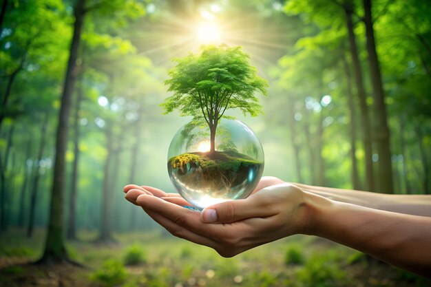 Hands holding crystal glass globe and growing tree in green forest