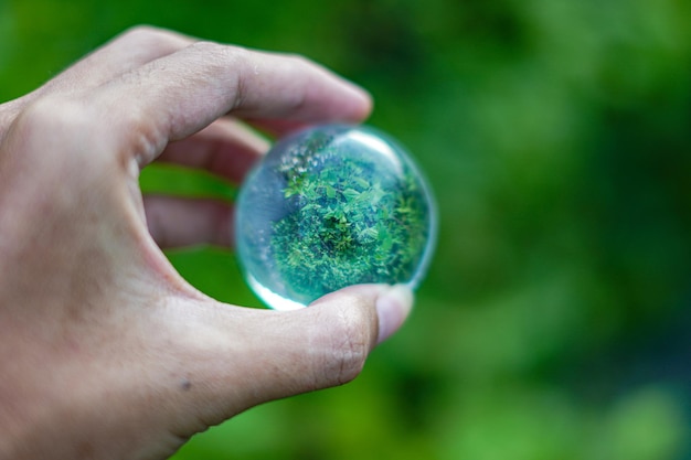 hands holding crystal lens ball photography green earth day nature background premium photo