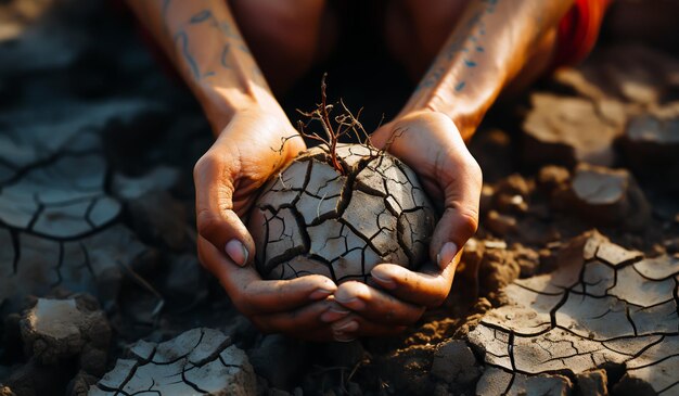 Hands holding a dead plant in dry cracked soil due to climate change AI generated