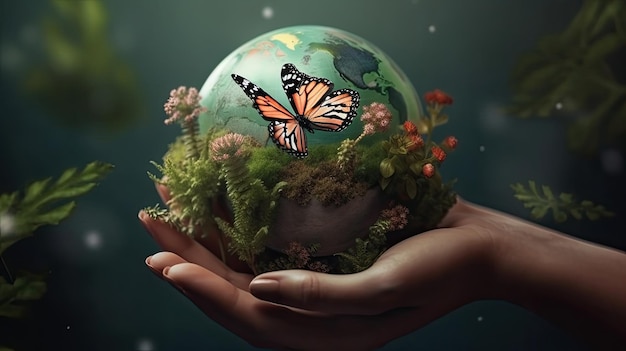 Hands Holding Earth with Butterflies Around It