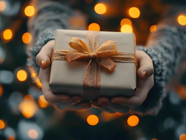 Photo hands holding a festive christmas gift with twinkling lights in the background