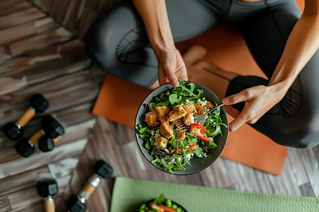 hands holding a fork and eating a healthy salad with chicken dumbbells on the floor nearby a yoga mat near her leg